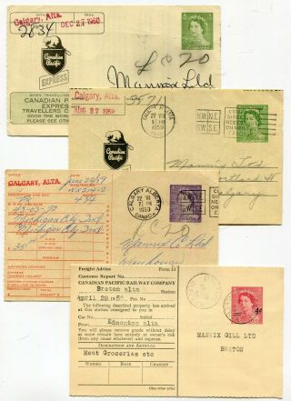Canada Postal Stationery - Qeii Karsh 1955 - 1960 Cpr / Cnr Railway Cards X 4