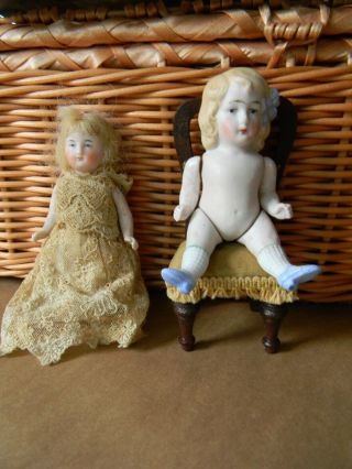 2 Sweet Antique All Bisque Dolls Germany Molded Bow 4 "