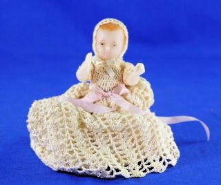 Antique Poured Wax Baby Doll Painted Features Jointed Arms Legs Antique Dress