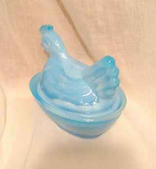 Miniature Turquoise Blue Opaque Swirl Milk Glass Hen on Nest Chicken in a Basket 2