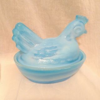 Miniature Turquoise Blue Opaque Swirl Milk Glass Hen on Nest Chicken in a Basket 3
