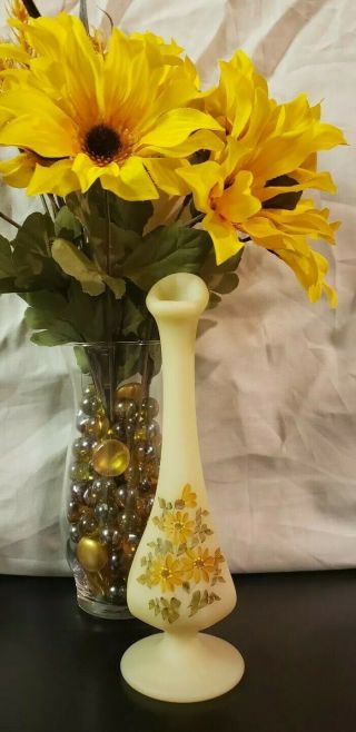 Fenton Swung Vase Art Glass Custard Satin Bud Hand Painted Signed