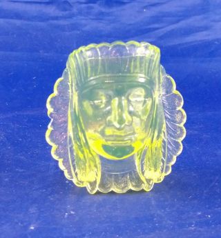Yellow Vaseline Uranium Glass Indian Head Toothpick Holder,  2 1/2 "
