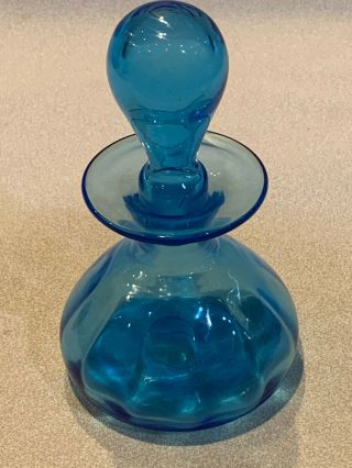 Vintage Victorian Hand Blown Blue Glass Bottle Container With Large Stopper 7 "