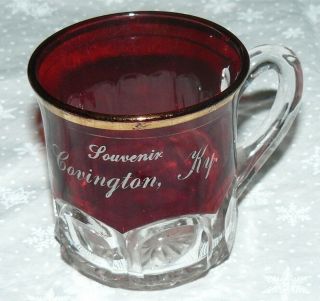 Antique Eapg Dark Ruby Red Flash Glass Cup Mug Souvenir Of Covington Ky Gold