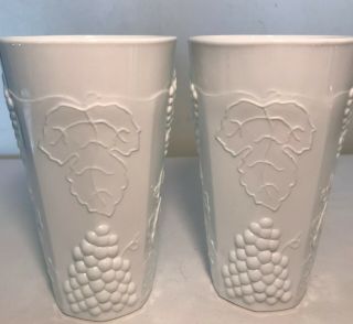 Set Of 2 Vtg Tall Milk Glass Drinking Tumblers Cups Grape & Leaf Pattern White