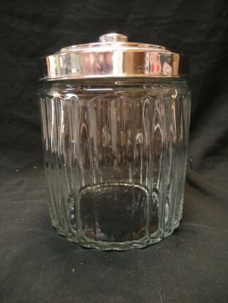 Vintage Heavy Glass Ribbed Canister Jar W/ Metal Lid 8 1/2 " Tall 6 1/2 " Wide