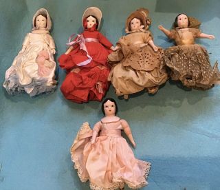 5 Vintage Ruth Gibbs Dolls 7 " Dollhouse China Head Limbs & Cloth W/dresses Tlc