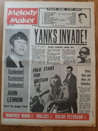 Melody Maker Newspaper April 4th 1964 Beatles John Lennon And Yanks Invade