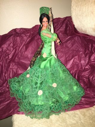 Vintage Marin Chiclana Spanish Flamenco Dancer Green Dress White Fringe Rare