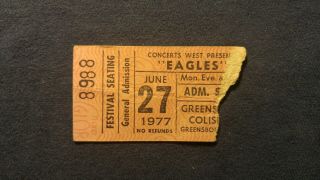 The Eagles Concert Ticket Stub 6/27/1977 Greensboro,  Nc