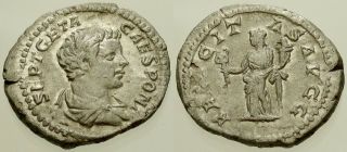 013.  Roman Silver Coin.  Geta,  Caesar.  Ar Denarius.  Rome.  Felicitas.  Vf