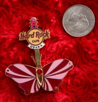 Hard Rock Cafe Pin Osaka Butterfly Gem Stone Guitar Pink Red Japan Hat Lapel