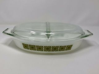Vintage Pyrex Autumn Floral Verde Green Flower Oval Divided Baking Dish W/lid