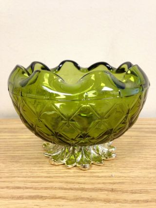 Vintage Green Ruffled Glass Bowl W/ Gold Metal Leaf Base