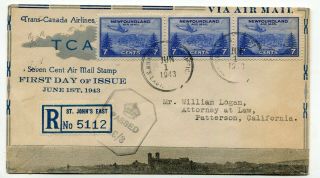Newfoundland Nfld - St Johns 1943 Tca Airlines Cachet Fdc - Registered / Censor