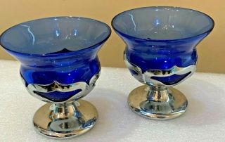 2 Vintage Farber Brother Chrome Craft Art Deco Cobalt Blue Glasses Bowls Dessert
