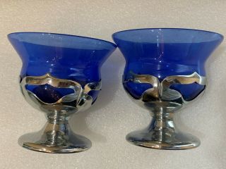 2 Vintage Farber Brother Chrome Craft Art Deco Cobalt Blue Glasses Bowls Dessert 3