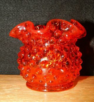 Vintage Fenton Art Glass Colonial Orange Amberina Hobnail Vase 3”