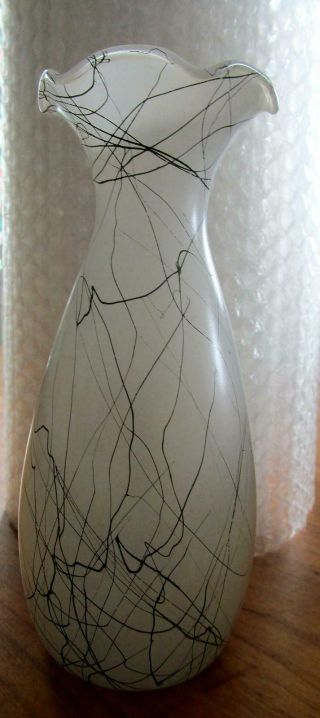 Vintage Hazel Atlas Frosted White Glass Vase With Black String Paint 6 - 1/2 " High