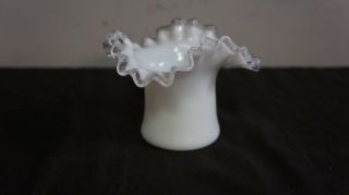 Vintage Fenton Silvercrest Milk Glass White Top Hat Ruffled Edge Vase 4 " Tall
