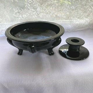 L E Smith Art Deco Black Amethyst Flat Candle Holder & Tri Footed Bowl