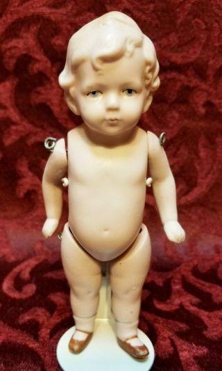 Antique German All Bisque Wired Doll 5 1/4in Molded Hair Socks Shoes Chunky Cute
