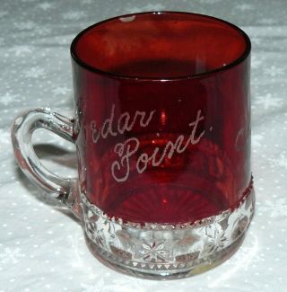 Antique Ruby Red Flash Souvenir Cup Mug Mother Cedar Point Starburst Thumbprint