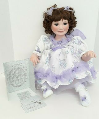 Marie Osmond Baby Brianna Porcelain Doll 15 " Sitting Euc With Purple & Roses