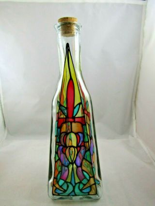 Vintage Art Glass Bottle - Faux Stain Glass Design - Triangle Shaped 10.  75 " Tall