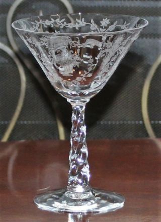 Vintage Etched Flower Cornucopia Basket 5 3/8 " Champagne Glass Twisted Stem