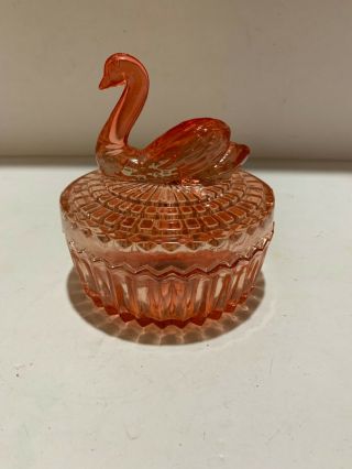Vintage Jeanette Pink Peach Glass Swan Powder Lipstick Trinket Box Jar Dish Lid