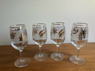 4 Libbey Gold Leaf Wine / Cordial Frosted Stem Glasses Vintage 1960s
