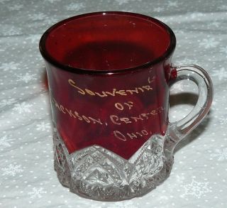 Antique Eapg Ruby Red Flash Glass Cup Mug Souvenir Of Jackson Center Ohio Gold
