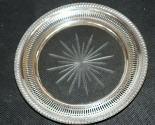 Vtg 6 " Under Plate Etched/cut Glass Crystal With Reticulated Sterling Silver Rim
