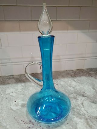 Vintage Mid - Century Modern Art Glass Bottle W/stopper Blue White Handle Blenko?