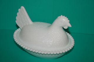 Indiana Glass Hen On Nest White Milk Glass Covered Candy Trinket Dish 7 " Long