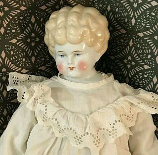 Antique German Porcelain China Head Blonde Blue Eyes Doll Cloth Body 22 "