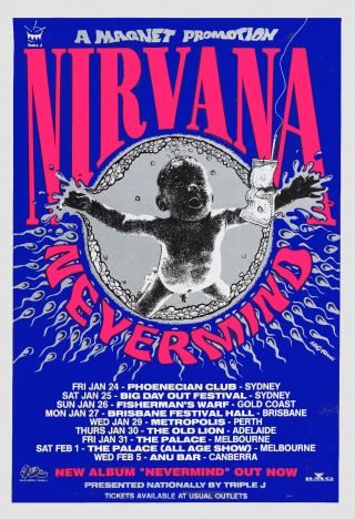 Grunge: Kurt Cobain & Nirvana Never Mind Australian Tour Poster 1992 13x19