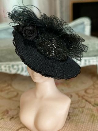Vintage Miniature Dollhouse Artisan Black Silk Lace Feather Victorian Ladies Hat