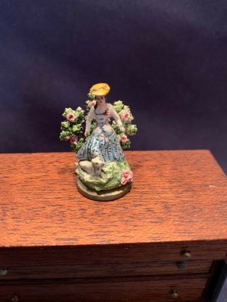 Vintage Dollhouse Miniature Hand Made,  Painted Staffordshire Figure Lady,  Dog