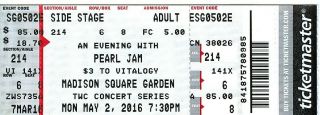 Pearl Jam Ticket - Madison Square Garden,  Nyyc - May 2,  2016