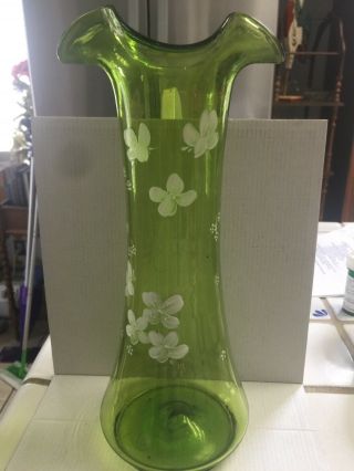 Hand Blown Art Glass Vase - Kiwi Green - Ruffled Rim - Painted White Flowers