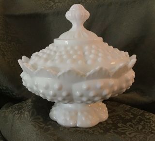 Vintage Hobnail White Milk Glass Compote Pedestal Candy Dish & Crown Lid