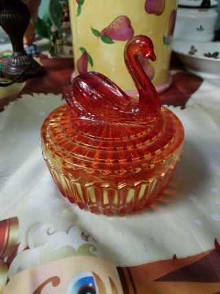 Vintage Red Glass Swan Covered Powder Dish/ Candy Dish Jeanette Amberina Color