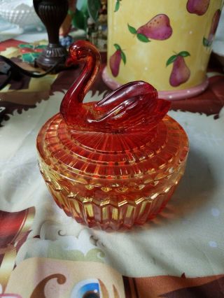 Vintage Red Glass Swan Covered Powder Dish/ Candy Dish Jeanette Amberina Color 2