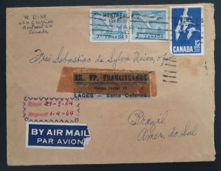 Rare 1964 Canada Cover Ties 3 Stamps Cancelled Montreal To Brazil