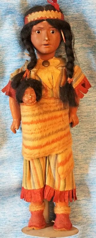Antique Bisque Doll Native American Indian/baby/original Costume Vintage A.  M15/0