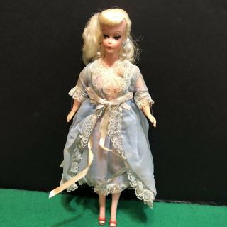 Vintage Barbie Clone Doll W Earrings In Blue Negligee Gown Outfit & Shoes 1960s