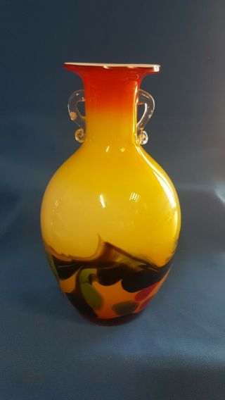 Vintage Dalian Cased Glass Vase Yellow Red Swirls 19cm Tall